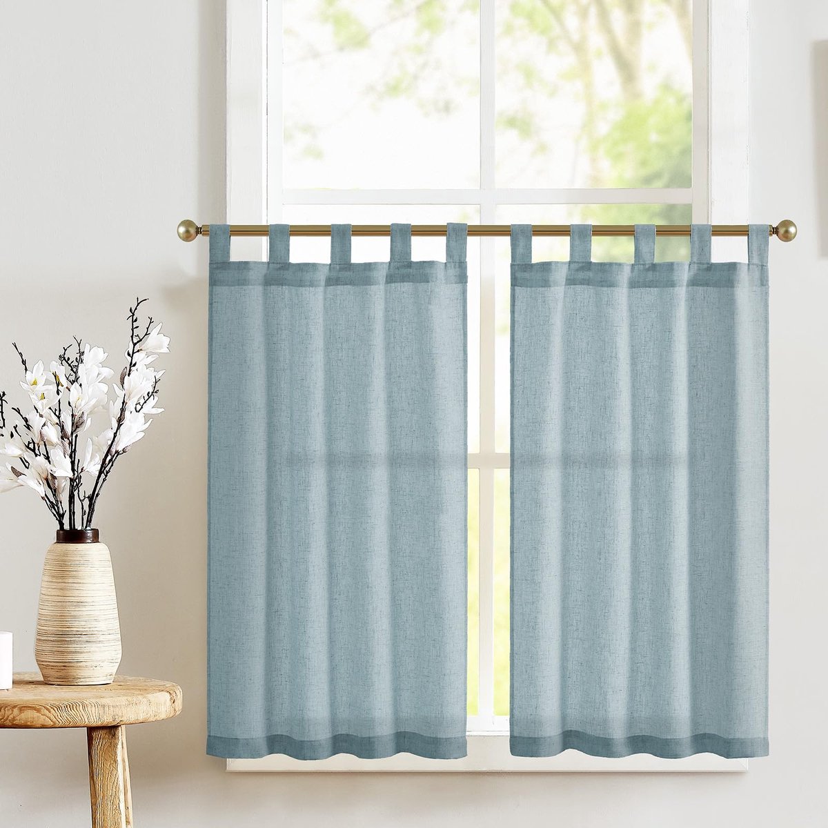 Unyqoos Charmante Korte Linnenlook Gordijnen Set voor Keuken en Balkon, Semi-Transparant met Lussen, 65x60 cm blauw