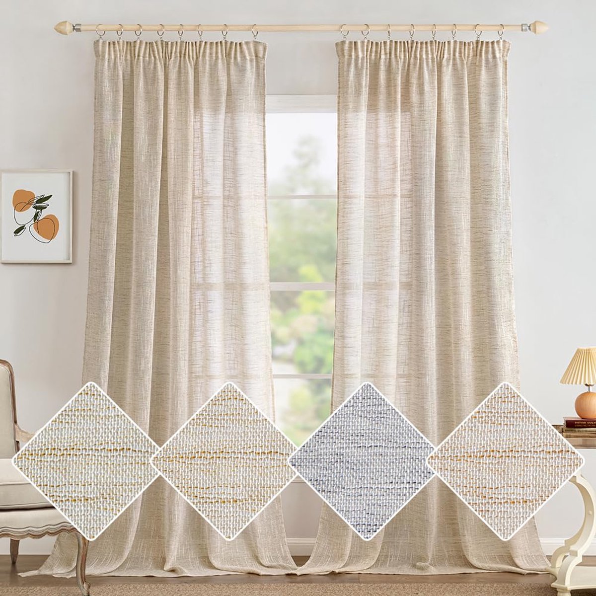 Unyqoos Stijlvolle Linnenlook Gordijnen met Plooiband voor Woonkamer en Slaapkamer, Set van 2, 140 x 245 cm beige