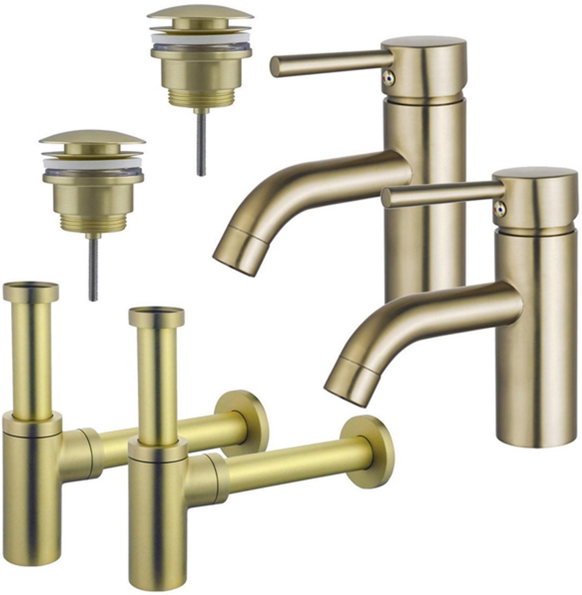 FugaFlow Eccelente Sobrado Badkamer Wastafelkraanset - voor dubbele wastafel - lage wastafelkraan - klikwaste plug - design sifon - PVD Geborsteld Messing