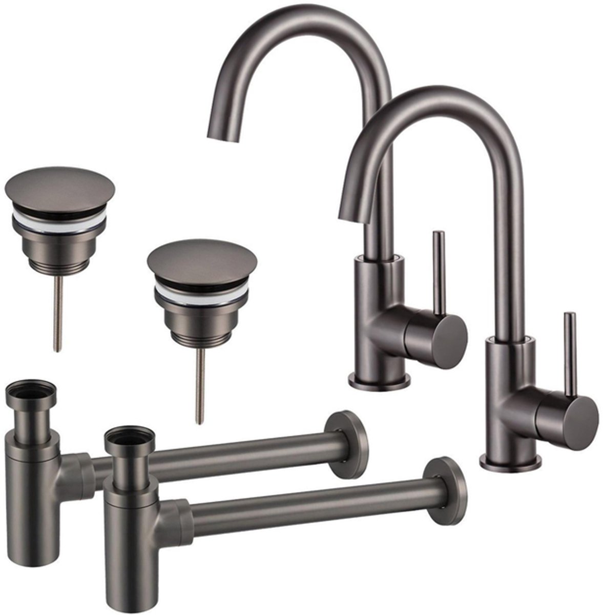 FugaFlow Eccelente Sobrado Badkamer Wastafelkraanset - voor dubbele wastafel - hoge wastafelkraan - draaibare uitloop - always open plug - design sifon - PVD Gepolijst Gunmetal