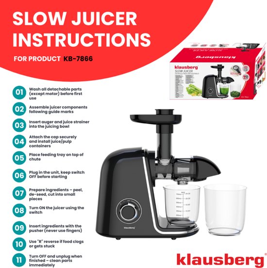 Klausberg Slow Juicer KB-7866 - 150W - Cold Press - Stille Juicer - Groenten en Fruitpers - Met Pulpreservoir - Zwart met Zilveren Accenten van Klausberg — afbeelding 2