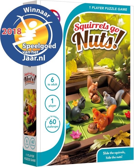 SmartGames Squirrels Go Nuts! - Compacte Schuifpuzzel Denkspel - 60 Educatieve Eekhoorn Uitdagingen - Reisspel & Solospel - Vanaf 6 Jaar