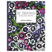 Een ontwerp kleurboek met de titel 'BE INSPIRED' en bloemenpatronen in het roze, blauw en zwart.