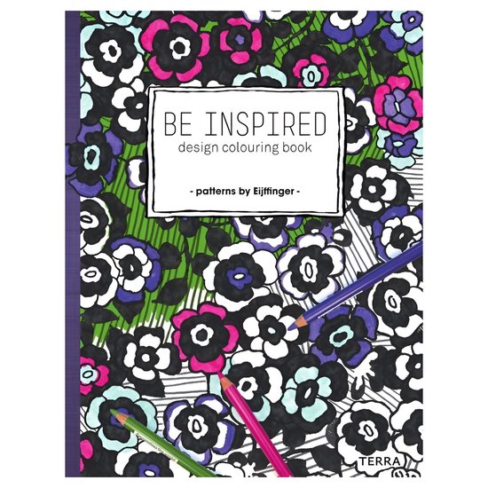 Een ontwerp kleurboek met de titel 'BE INSPIRED' en bloemenpatronen in het roze, blauw en zwart.
