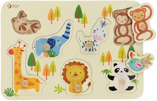 Foto: Classic world houten puzzel dieren met pinnen match the shapes puzzle 8 stuks 