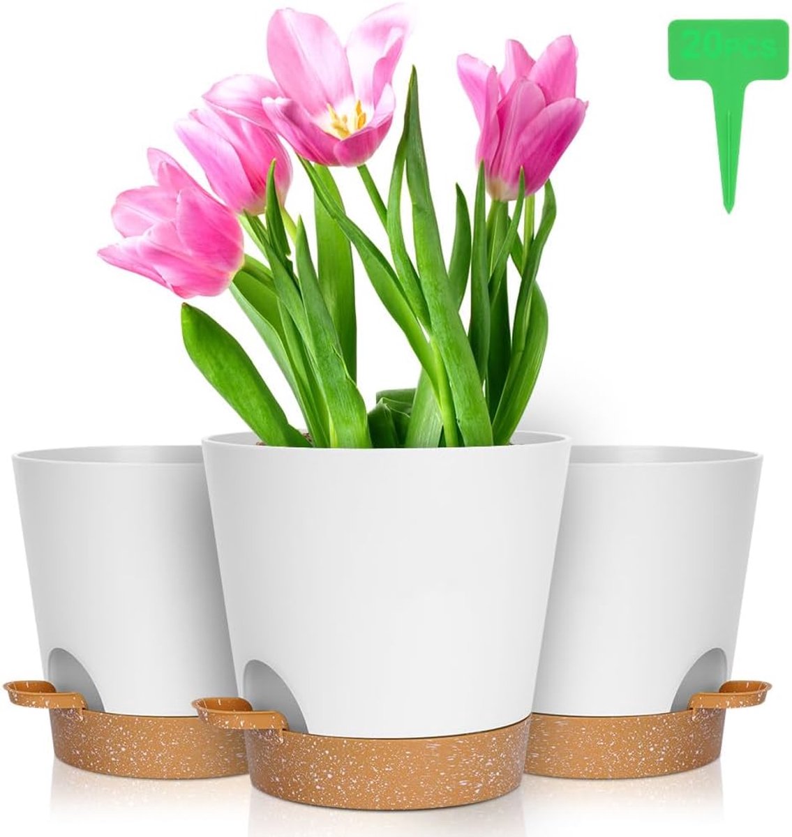 Bloempot Zelfbewatering Kunststof 3 Stuks - 20 x 19 cm - Balkonplanten - Onderzetter - Plantenetiketten