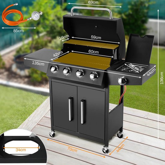 Stemily Gas BBQ - 4 Hoofdbranders - 1 Zijbrander - Ingebouwde Thermometer - Zijtafels & Gereedschaphaken - 44x135x136cm van Stemily — afbeelding 5