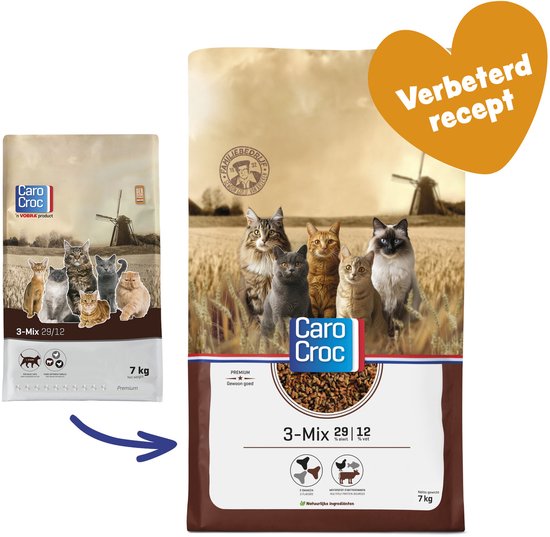 Vergelijking van oude en nieuwe Caro Croc kattenvoer zakken. De nieuwe zak heeft een oranje hart met 'Verbeterd recept'.