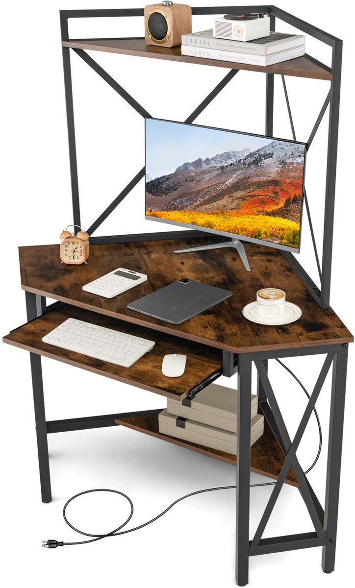 Costway Bureau met laadstation, hoekcomputertafel met toetsenbordplank en 2 planken, metalen frame, werktafel voor thuiskantoor, 80 x 80 x 145 cm, vintage