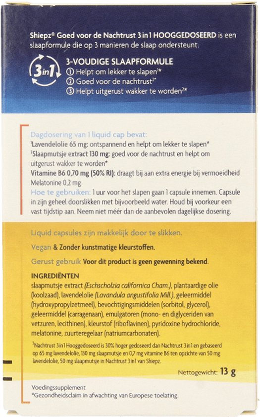 Informatie over Shiepz Nachtrust 3 in 1 hooggedoseerd. Beschrijft dagdosering, ingrediënten, en netto gewicht 13 g.