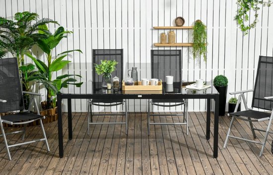 KOMFOTTEU Tuintafel met paraplugat, eettafel van acaciahout, houten tafel met metalen poten, terrastafel voor 6-8 personen, 140 x 75 x 76 cm