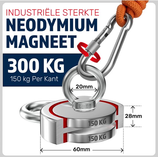 Magfishion Dubbelzijdige Magneetvissen Set 300 KG - Vismagneet - 20 Meter Lang Touw + Karabijnhaak met Schroefsluiting - Handschoenen - Borgmiddel - Magneetvissen Starterspakket - Magneet Vissen - Outdoor - Magneetvissen Kinderen