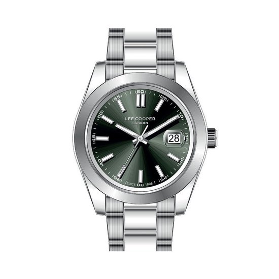 Lee Cooper herenhorloge met zilverkleurige stalen band en donkergroene wijzerplaat met datumweergave.