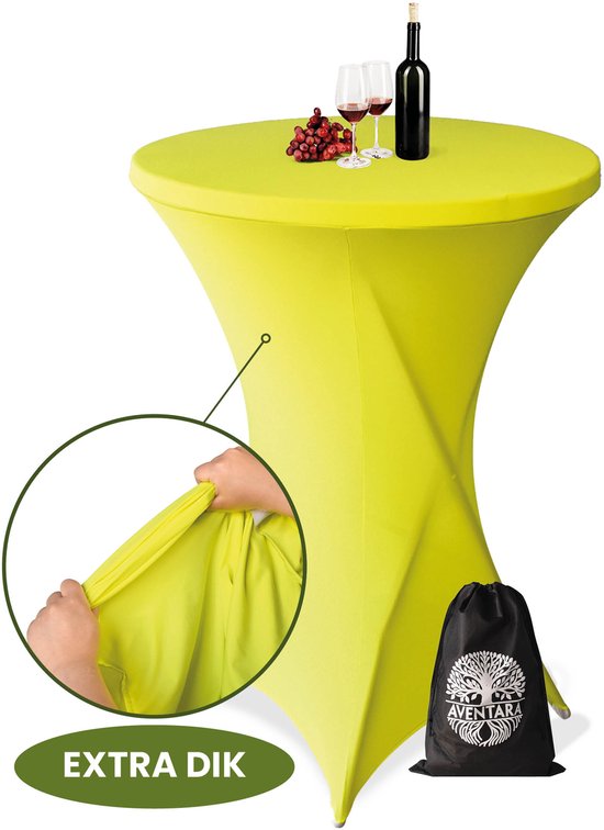 Limegroene statafelrok 'Extra Dik' wordt getoond met een close-up van de stof en een opbergtas.