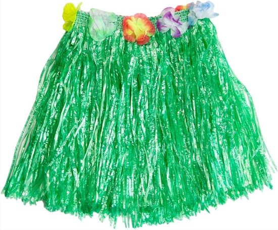 Jupe Hula verte à franges, ornée de fleurs multicolores à la taille.