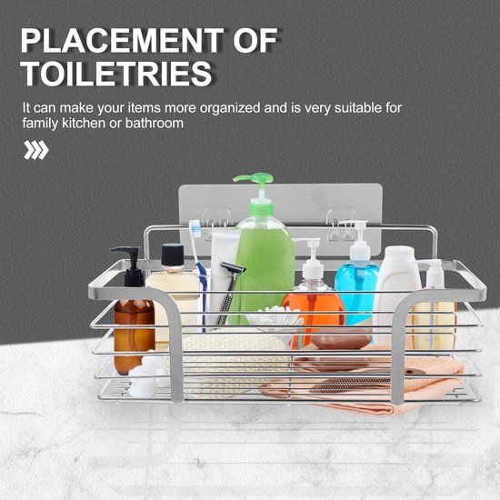 Roestvrijstalen doucherek gevuld met diverse toiletartikelen, zoals zeepdispensers en tandenborstels.