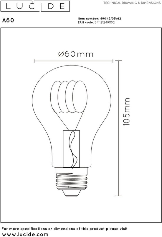 Dessin technique d'une lampe à filament A60 avec dimensions.