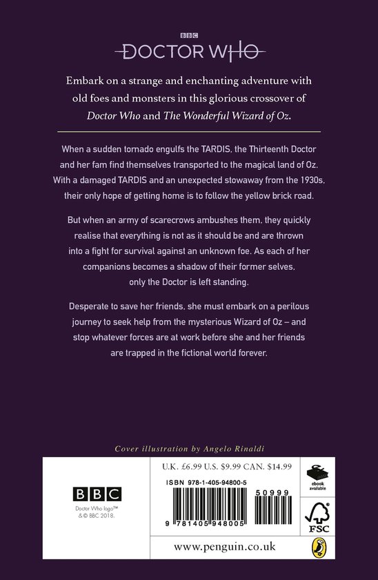 Boekomslag met de titel Doctor Who: The Wonderful Doctor of Oz, met tekst over het verhaal en informatie over de ISBN.