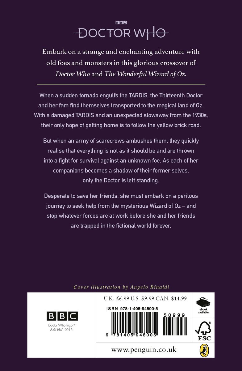 Boekomslag met de titel Doctor Who: The Wonderful Doctor of Oz, met tekst over het verhaal en informatie over de ISBN.