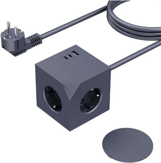 VEFVE 7-in-1 Stekkerkubus Met USB-C 20W Snelladen - 3 Stopcontacten + 4 USB Poorten, 1,5m Kabel, Schakelaar & Overbelastingsbeveiliging