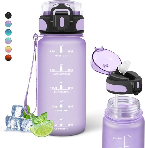Drinkfles, 1,5 liter, fitness-drinkfles, lekvrij, motiverende waterfles met tijdschaal, gemakkelijk te reinigen, drinkflessen voor sport, trekking, wandelen, blauw-groen