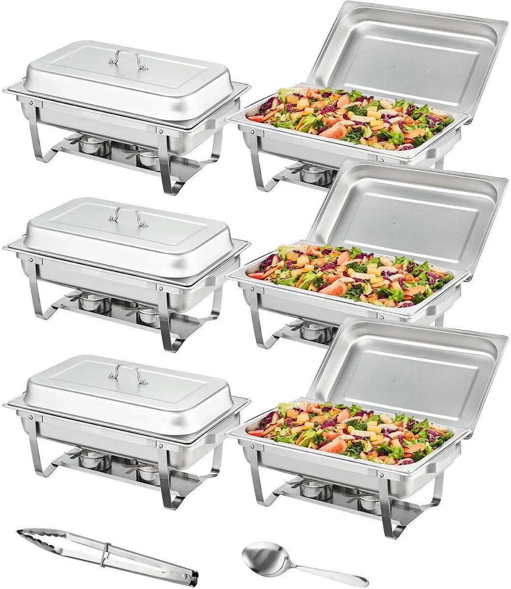 Chafing Dish - Warmhoudplaat - Buffetwarmer Set - Rechaud - Rechthoekige RVS Warmhoudschalen - 6 Stuks - 8QT - met Opvouwbaar Onderstel en Brandstofhouders - Zilver