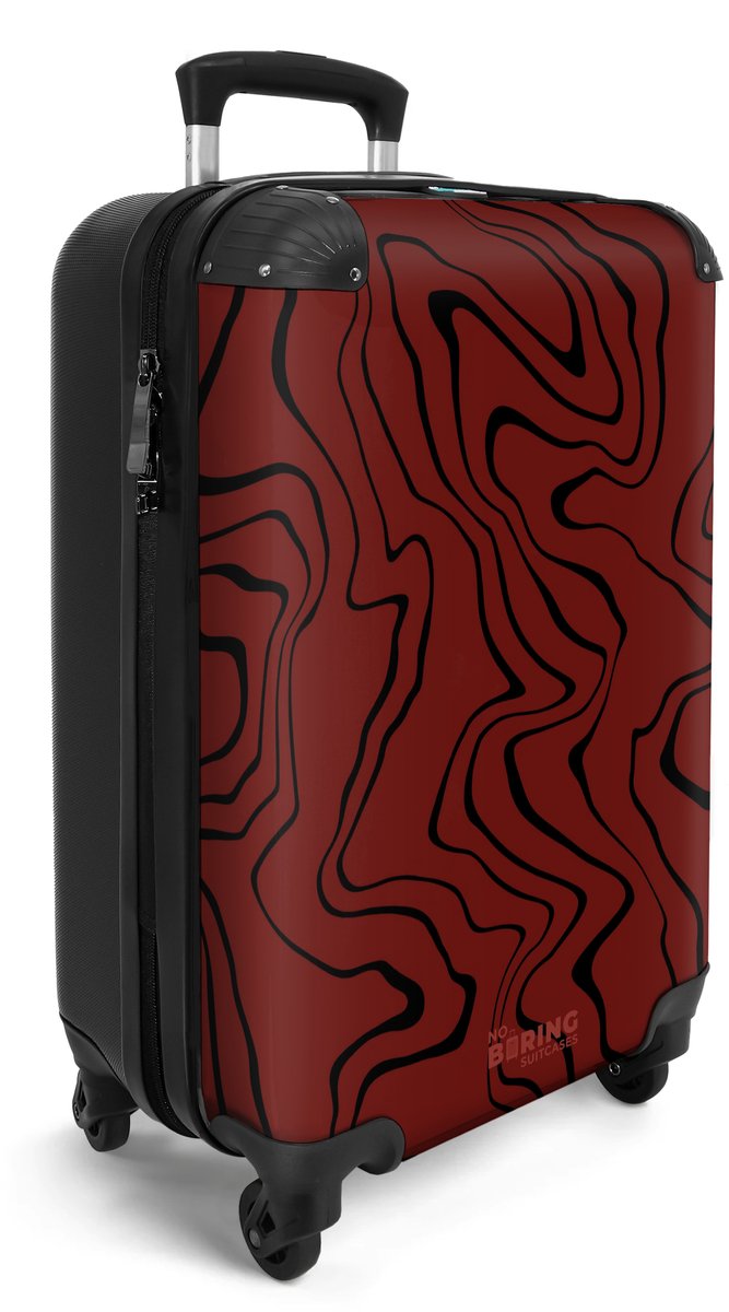 NoBoringSuitcases.com® - Handbagage koffer lichtgewicht - Reiskoffer trolley - Rood met abstracte zwarte lijnen - Reis rolkoffer met wieltjes - Cabin koffertje klein - Carryon valies - Harde bagagekoffer - Past binnen 55x40x20 en 55x35x25