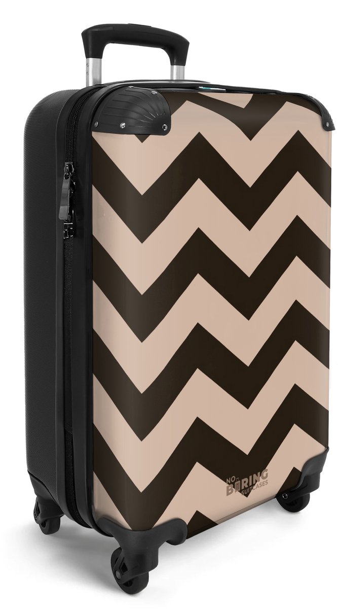 NoBoringSuitcases.com® - Handbagage koffer lichtgewicht - Reiskoffer trolley voor reizen - Zigzag patroon in bruin en beige - Cabine rolkoffer met wieltjes - Travel luggage - Hardcase valies klein - Past binnen 55x40x20 en 55x35x25