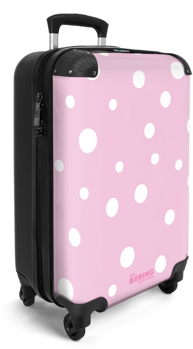 NoBoringSuitcases.com® - Handbagage koffer lichtgewicht - Reiskoffer trolley - Roze met witte stippen - Reis rolkoffer met wieltjes - Cabin koffertje klein - Carryon valies - Harde bagagekoffer - Past binnen 55x40x20 en 55x35x25