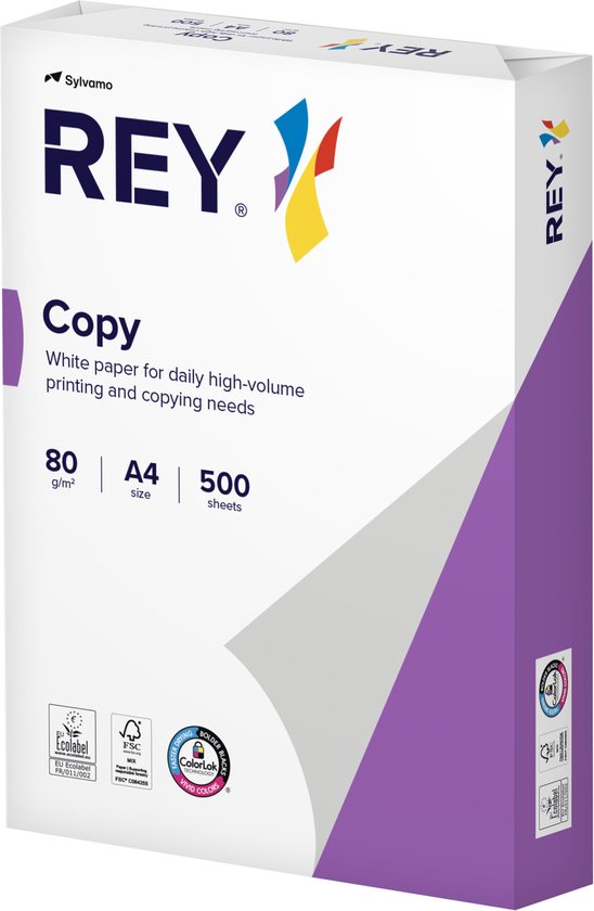Doos wit A4 kopieerpapier van Rey met paarse accenten en logo's.