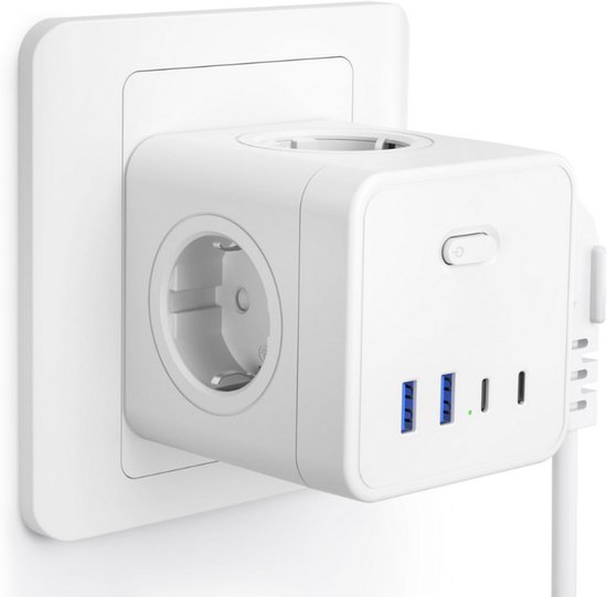 Stekkerdoos met USB, 4-voudig meervoudig stopcontact zonder kabel, 7-in-1 stopcontacten, kubus met schakelaar, stekkeradapter met 2 USB-A en 1 type C (5 V/3,4 A) voor kantoor, thuis, reizen, zwart Stekkerdoos met USB, 4-voudig meervoudig stopcontact zonder kabel, 7-in-1 stopcontacten, kubus met schakelaar, stekkeradapter met 2 USB-A en 1 type C (5 V/3,4 A) voor kantoor, thuis, reizen, zwart