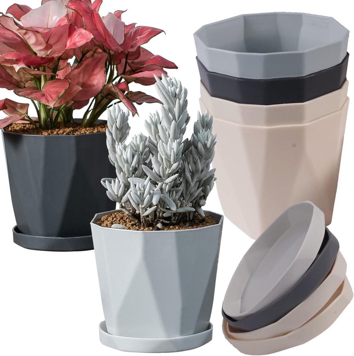 Plastic plantenpotten 13 cm - Set van 6 bloempotten met schotel, Scandinavische stijl (3 kleuren)