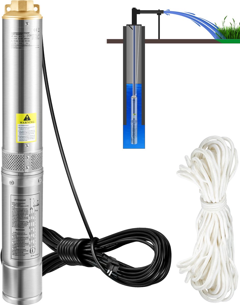 Deep Well Dompelpomp 750W 230V 105L/min Roestvrij Staal IP68 Waterproof, Secure Your Water Supply