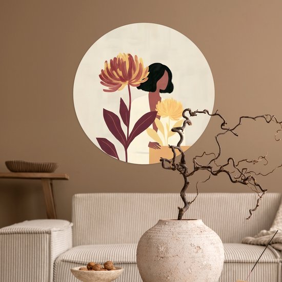WallCircle® - Papier peint cercle 50x50 cm - Stickers muraux Femme - Minimaliste - Bloem - Cercle mural salon - Cercle mural chambre - Décoration de chambre autocollante - Accessoires de Décoration murale