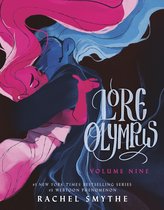 De cover van Lore Olympus: Volume Nine toont twee figuren met blauw en roze haar die elkaar omhelzen, tegen een donkere achtergrond.