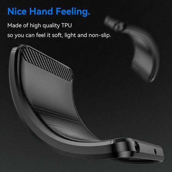 Zwarte TPU telefoonhoes met geborstelde metalen textuur en koolstofvezel accenten.