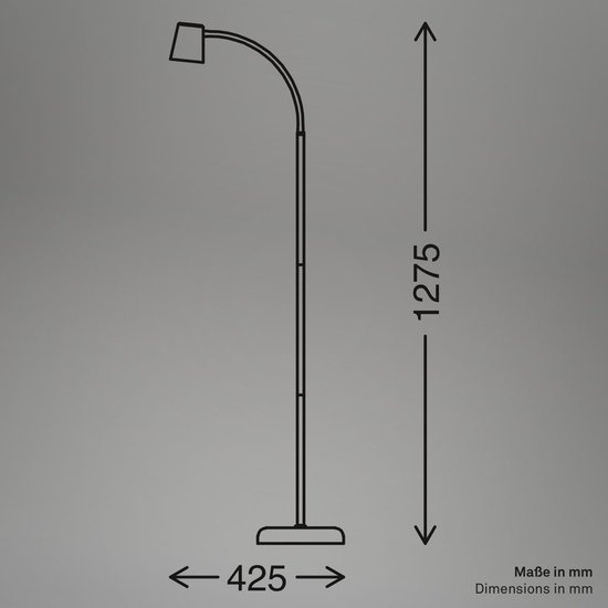 Technische tekening van een beige staande lamp met afmetingen: hoogte 1275 mm, breedte 425 mm.