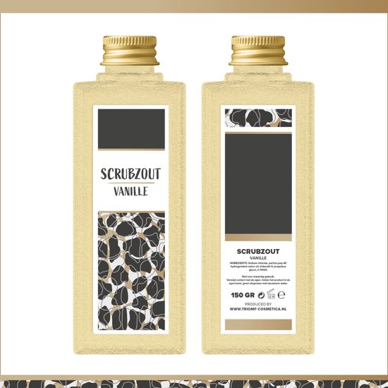 Lichtgele scrubzout met vanille geur, in een doorzichtige fles met gouden dop.