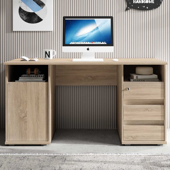 Bureau Primos 145cm avec 3 tiroirs & 1 porte - chêne - Bega Consult - Bureau à domicile - Brun - Panneaux de particules - Bureau à domicile