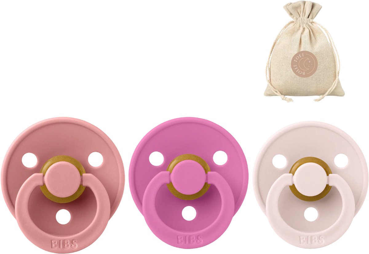 Image of 3 BIBS spenen rond maat 2: Petal, bubblegum en dusty pink + BolleToet speenzakje - fopspenen