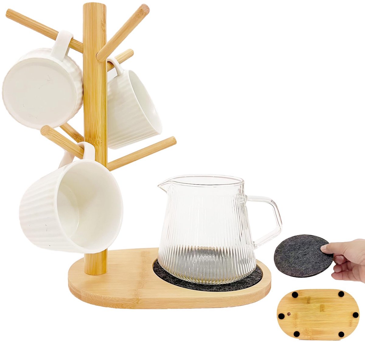 Boraboi ® Decoratieve Multifunctionele Houten Koffiekopjeshouder met Zes Haken en Ruime Basis voor Keuken en Woonruimte