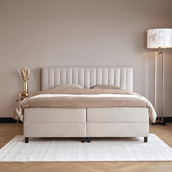 Beddenscout24 Boxspring bed met opbergruimte - 160x200 cm - Beige - Opbergbed - Wanda Inclusief 23 cm matras en topper HR- Koudschuim