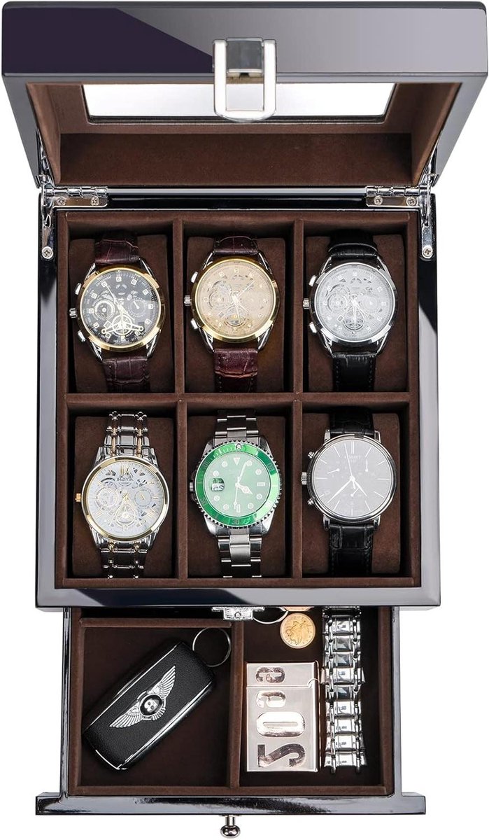 Houten horlogedoos voor mannen 6 slots heren horloge organizer met glazen top 2-tier gelakte vitrine voor horlogeopslag -zwart. - Heren Horloge Organizer: Houten Horlogedoos voor 6 Horloges met Glazen Top