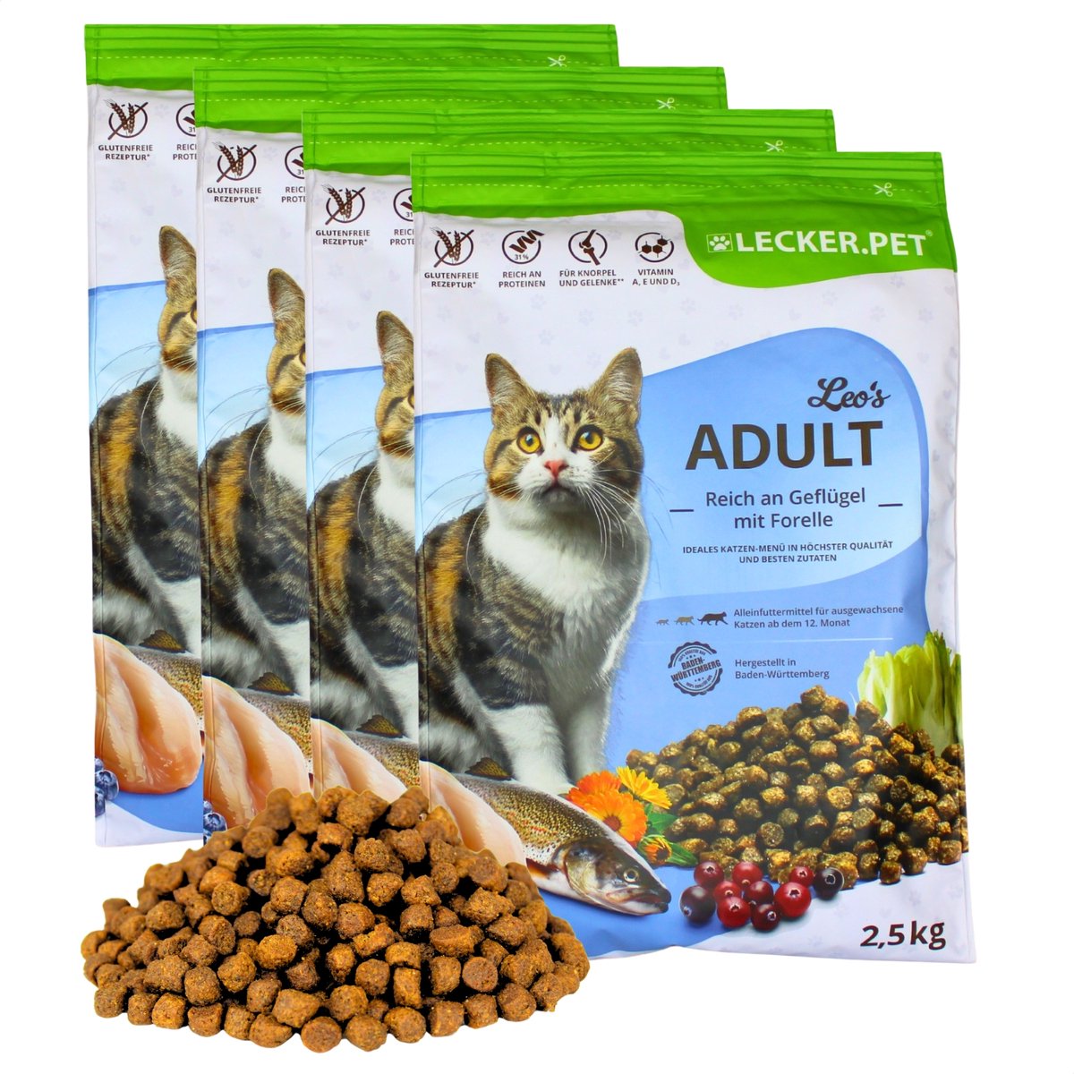 10 kg Lecker.Pet® Leo’s Adult Gevogelte & Forel droog kattenvoer compleet voer