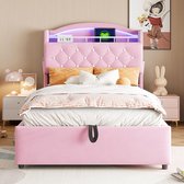 Lit Enfant 90x200 Cm Avec Tiroirs – Cadre Velours Blanc, Sommier à Lattes, 2 Tiroirs Et 3 Poches, Charge 136 Kg