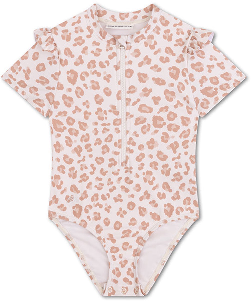 Swim Essentials | Beige Panterprint Meisjes UV Badpak met korte mouwen – Maat 110/116