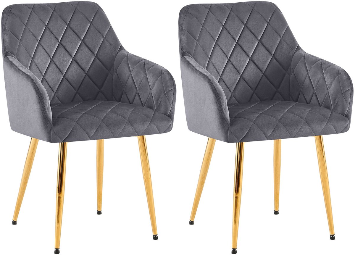 CLP Monett Set van 2 eetkamerstoelen - met armleuning - klassiek - metalen frame - Velvet - goud/donkergrijs
