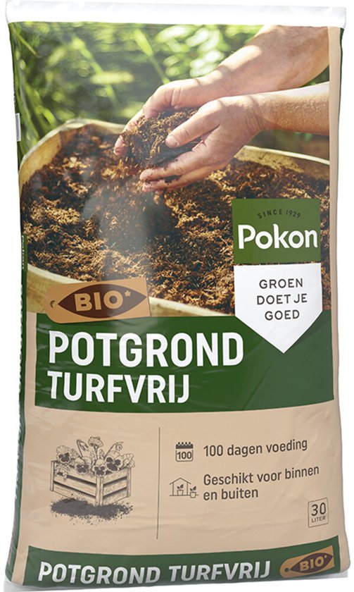 Zak Pokon BIO potgrond zonder turf, 30 liter. Met "GRÖN DOET JE GOED" opdruk. Inclusief illustratie van een houten kist met plantjes.