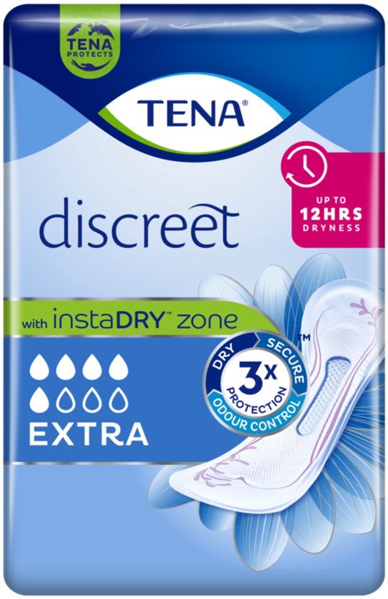 Verpakking TENA Discreet Extra verbanden, met 'UP TO 12HRS DRYNESS' en InstaDRY zone.