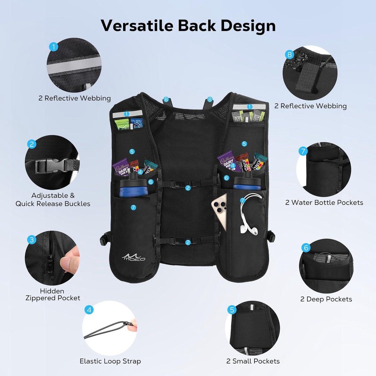 HOTUT Hardlooprugzak, Lichtgewicht Hardloop Hydratievest voor Mannen en Vrouwen, Verstelbaar Wandelvest met Reflecterende Strepen en Waterdicht voor Trail, Fietsen, Wandelen, Marathons